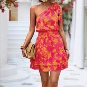 Floral One-Shoulder Dress or halter dress in Pink and Orange
